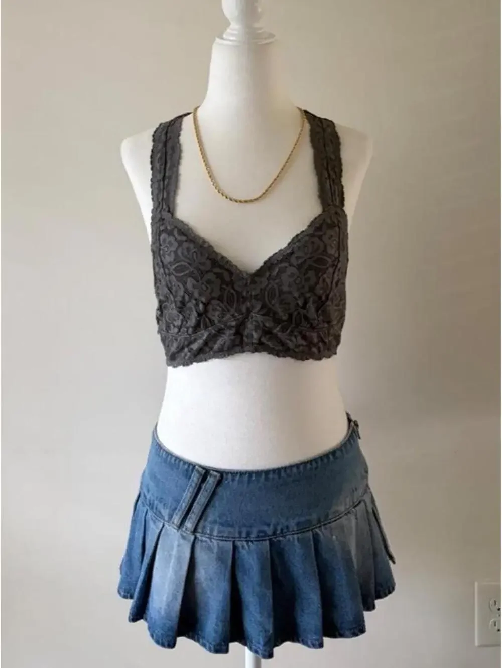 Y2K Gray Lace Racerback Bralette - Coquette Fairycore Grunge Crop Top